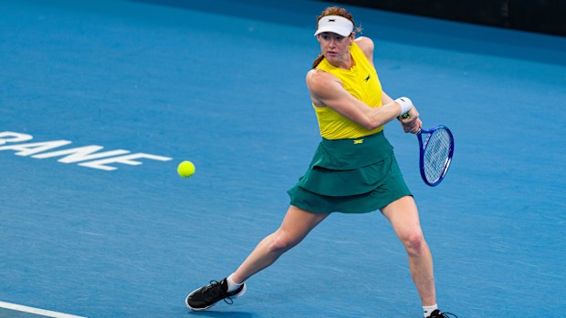 Australia's Maya Joint fires a backhand against Colombia's Yuliana Monroy during the 2025 Billie Jean King Cup.
