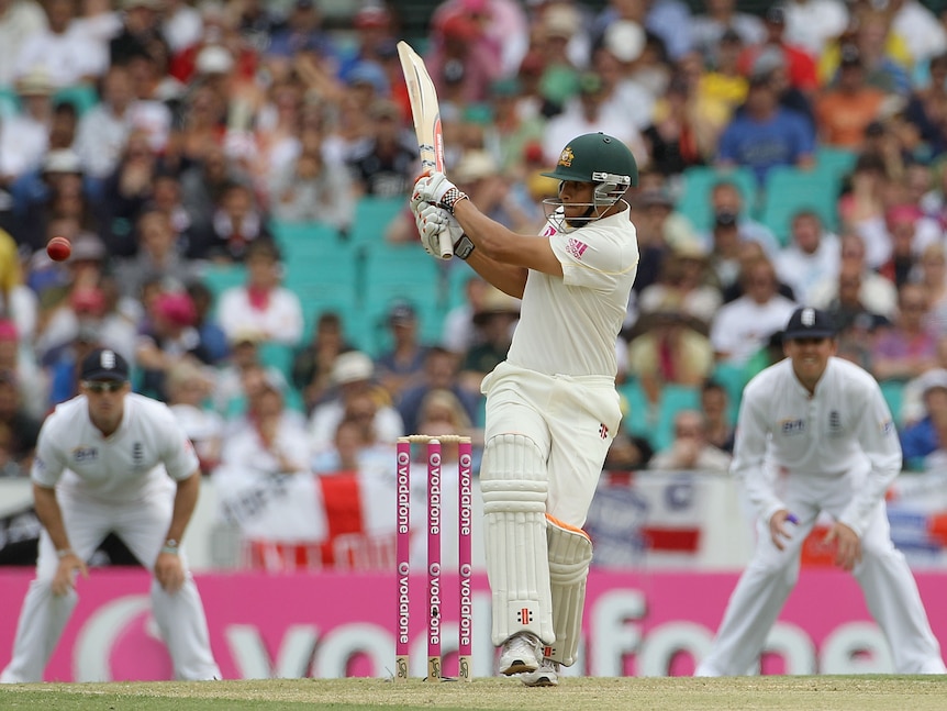 Australian cricketer Usman Khawaja pulls the ball square on the leg side against England in an Ashes Test.