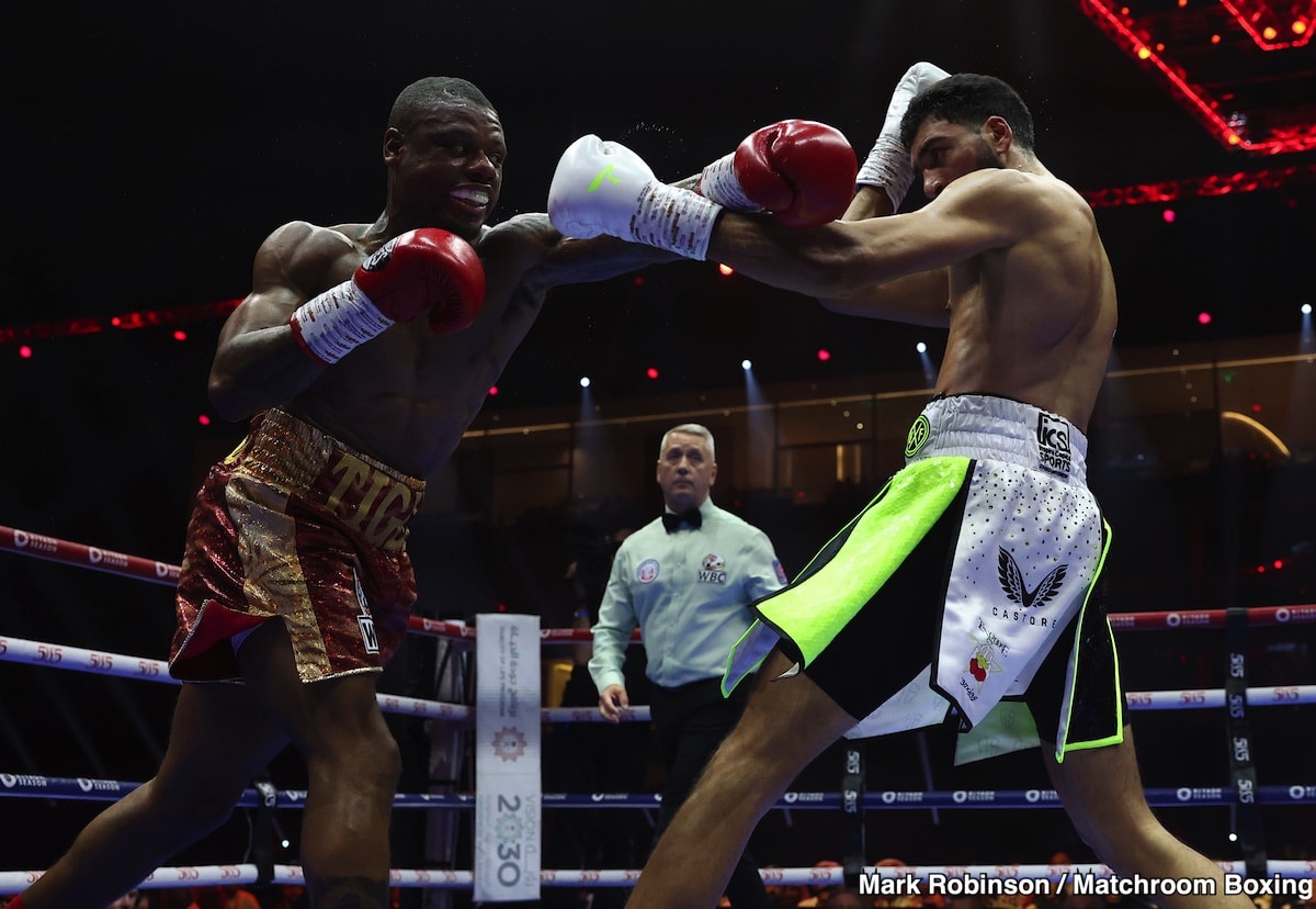 Austin “Ammo” Williams throws a left hand at Hamzah Sheeraz during their middleweight bout at Kingdom Arena in Riyadh, Saudi Arabia, June 1, 2024.