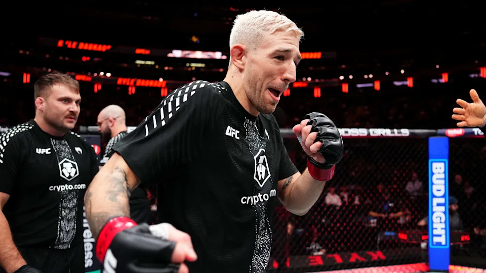 NEW YORK, NEW YORK - NOVEMBER 15: Kyle Daukaus reacts to his win in a middleweight fight during the UFC 322 event at Madison Square Garden on November 15, 2025 in New York City. (Photo by Jeff Bottari/Zuffa LLC)