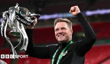 Eddie Howe celebrates Carabao Cup win with trophy