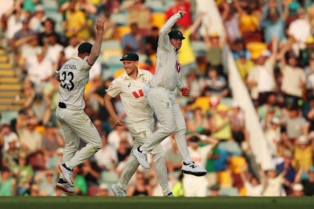 BRISBANE, AUSTRALIA - DECEMBER 07: Steve Smith of Australia celebrates catching Will Jacks of England off a delivery by Michael Neser of Australia during day four of the Second 2025/26 Ashes Series Test Match between Australia and England at The Gabba on December 07, 2025 in Brisbane, Australia. (Photo by Cameron Spencer/Getty Images)