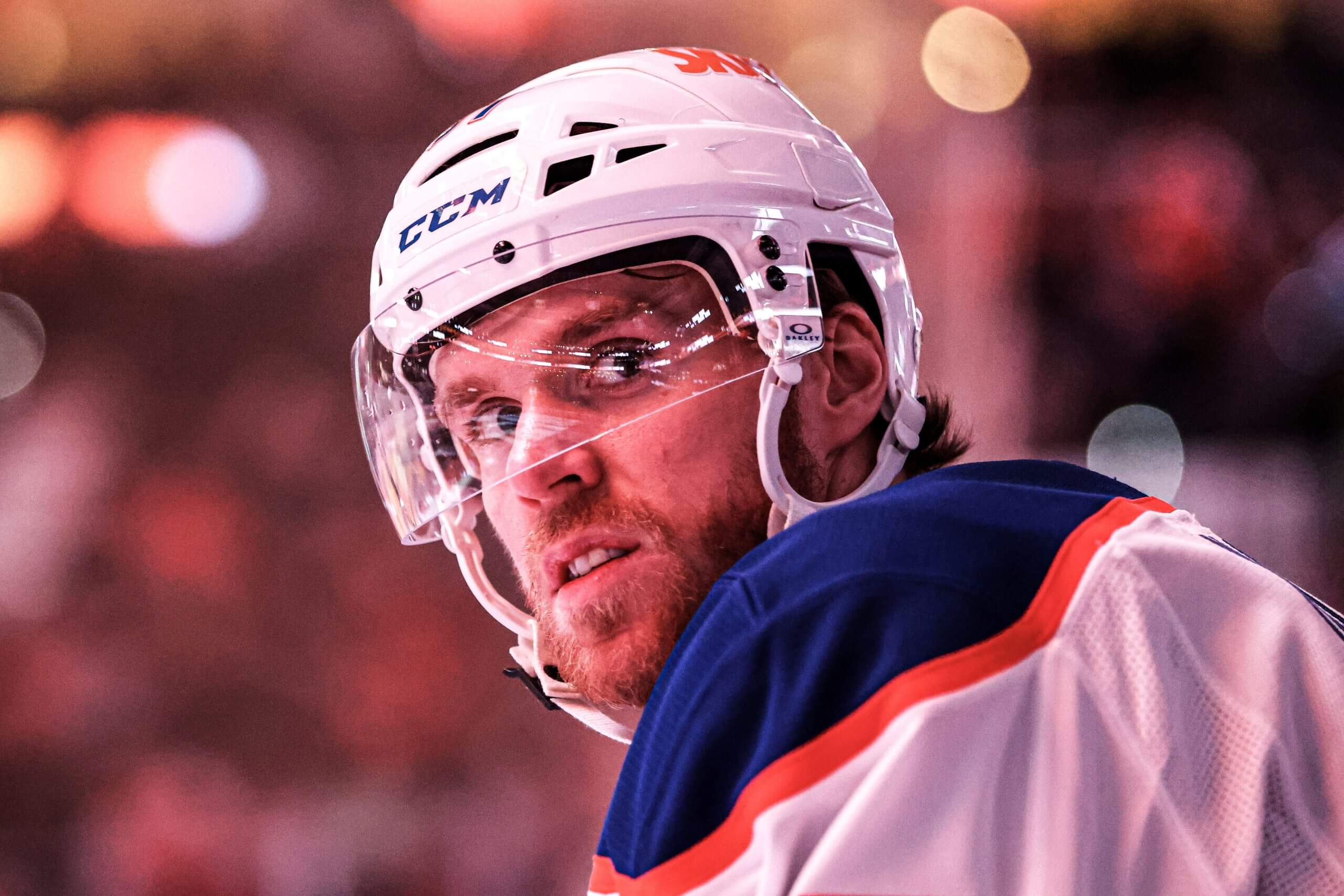 Edmonton's Connor McDavid looks over his shoulder.