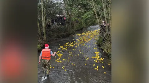 Kenilworth Lions Club A person in an orange high-vis jacket is walking through Finham Brook and a stream of yellow plastic ducks are in front of them