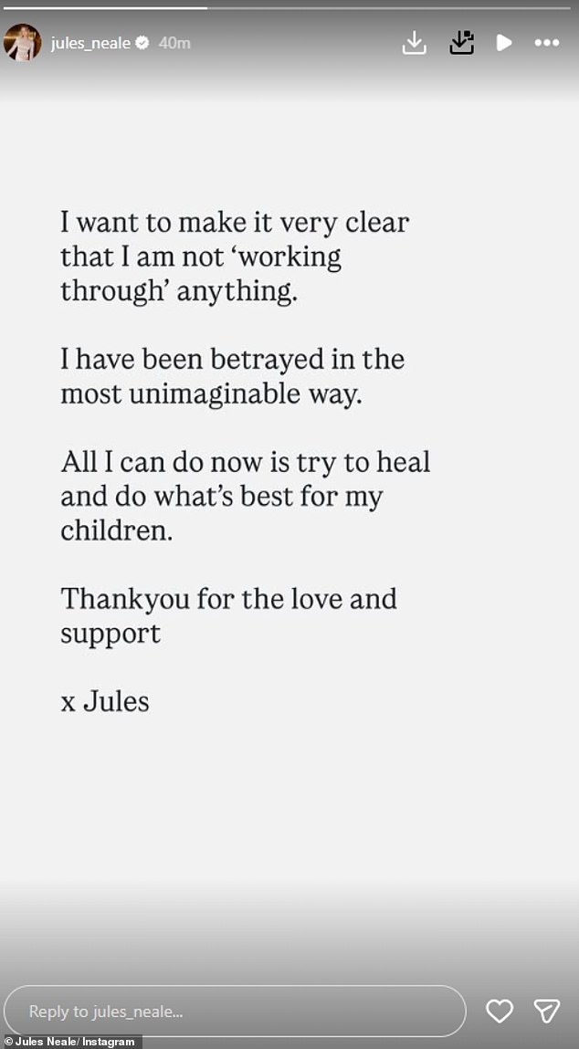 Jules Neale appears to have confirmed her marriage breakdown with AFL star husband Lachie Neale, 32, in a very telling post