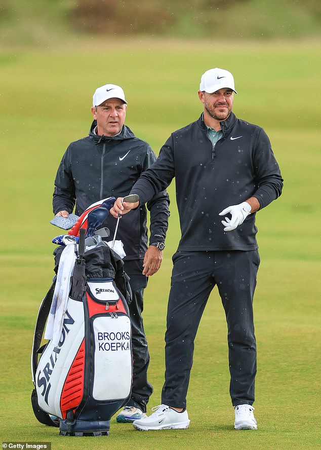 Brooks Koepka of The United States plays a shot on The Old Course prior to the Alfred Dunhill Links Championship 2025 at The Old Course on October 1