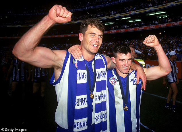 Carey was at the centre of footy's greatest marriage scandal after his affair with teammate Anthony Stevens's wife Kelli (Carey and Stevens are pictured)