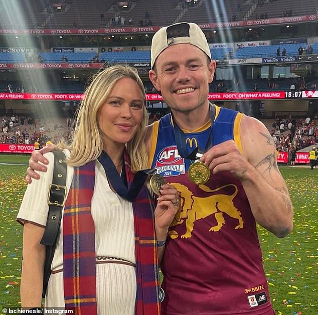 Carey spoke about the current allegations of marriage infidelity facing Brisbane Lions star Lachie Neale (pictured with his wife Jules)
