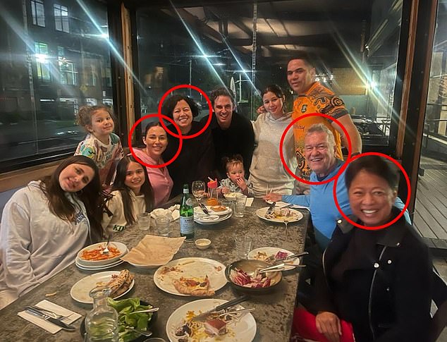 Ms Carroll (far left) appears in a picture on Barnes's Instagram, sitting next to Mahalia Barnes and across a table from Jimmy and Jane. Behind Jimmy is Ms Carroll's husband AJ Gilbert
