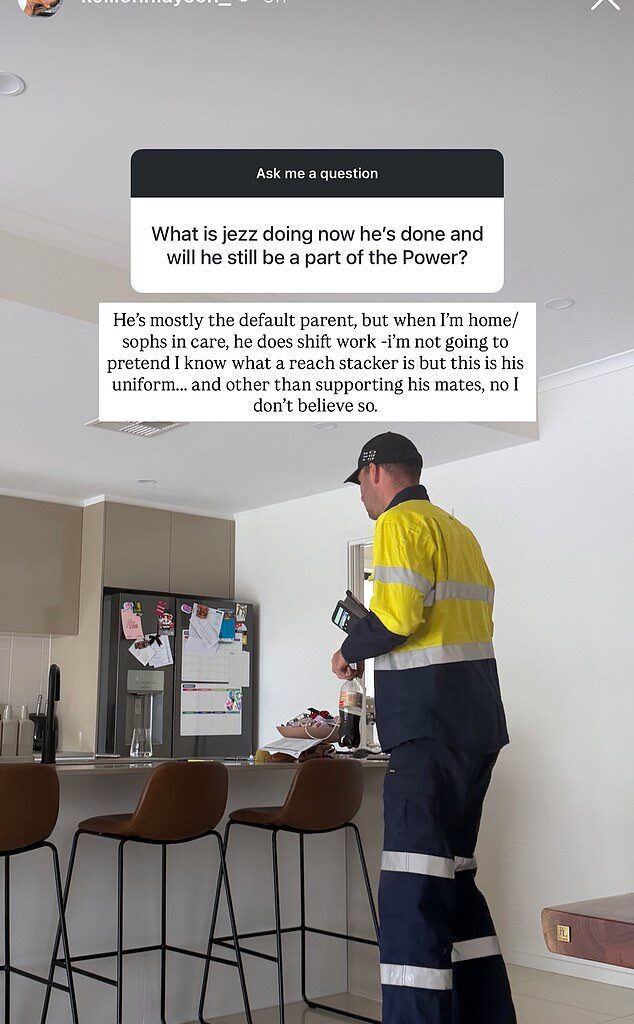 Kellie Finlayson has revealed how her former AFL player husband, Jeremy (pictured), has taken up a job as a 'reach stacker'