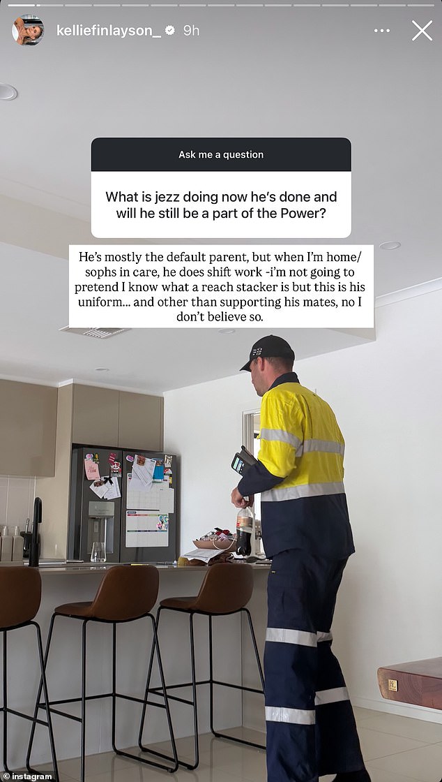 Kellie Finlayson has revealed how her former AFL player husband, Jeremy (pictured), has taken up a job as a 'reach stacker'