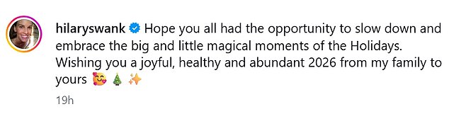 Hilary Swank shared a rare Instagram snap of her two-year-old twins Aya and Ohm to Instagram, showing them at the family Christmas tree