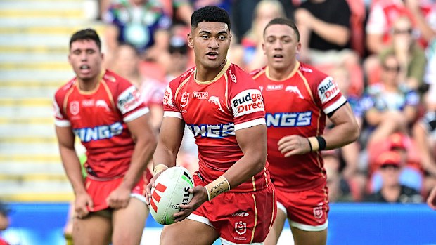 Isaiya Katoa of the Dolphins runs with the ball.