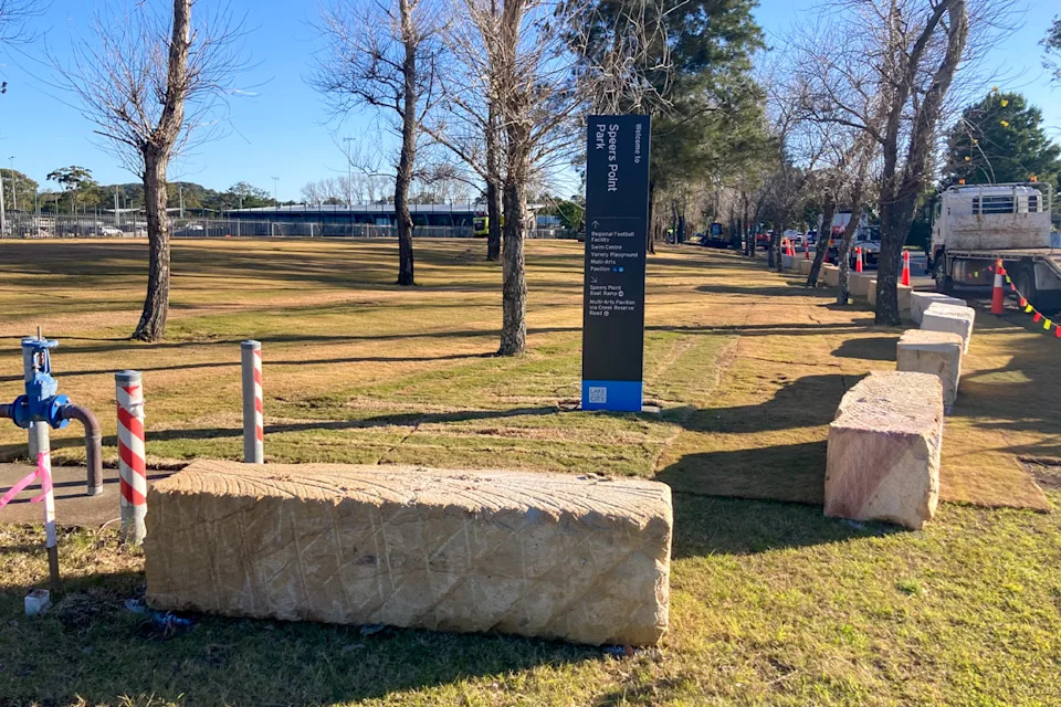 The bollards when they were installed in July outside of the Macquarie Regional Football Facility.