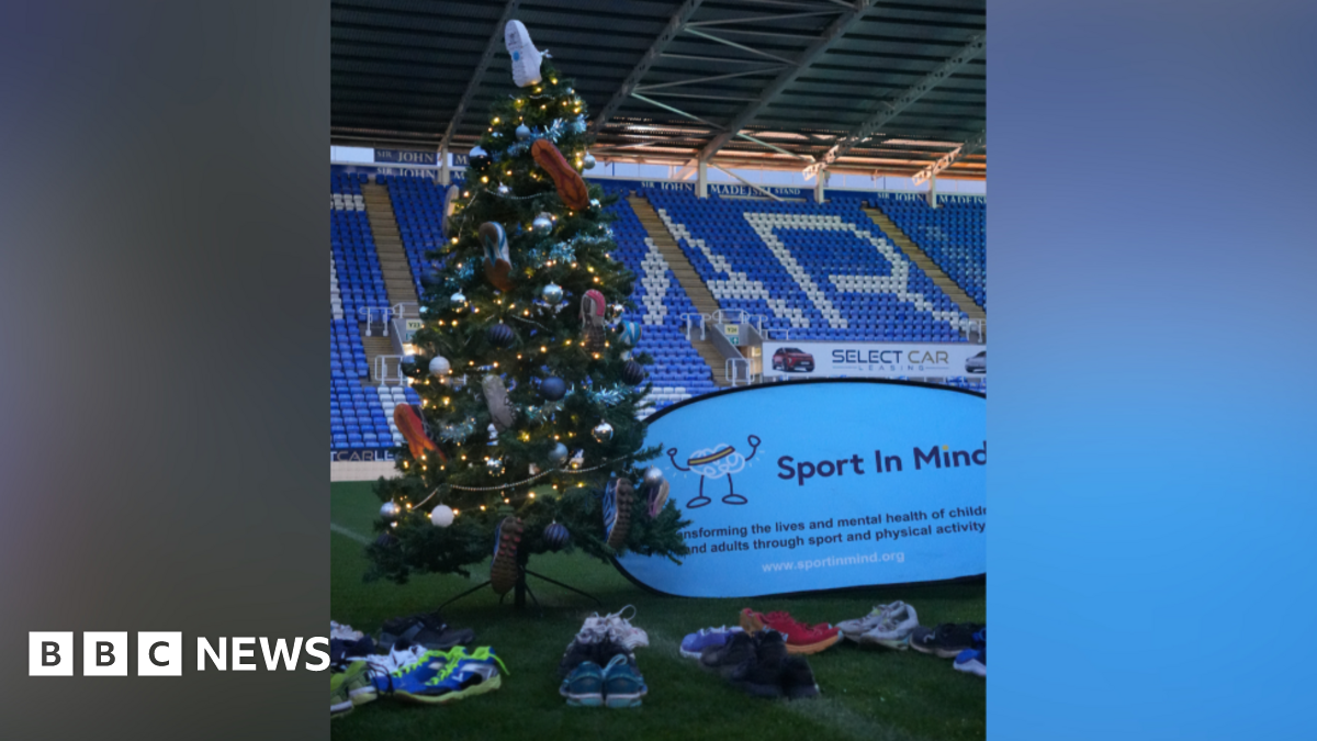 A Christmas tree decorated with trainers on the pitch in front of the stand at Reading FC's stadium