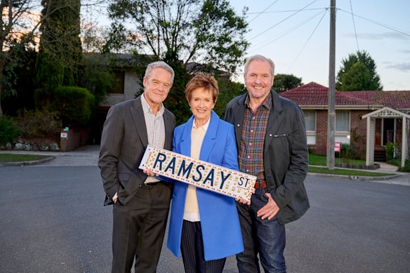 Stefan Dennis, Jackie Woodburne and Alan Fletcher in the final episode of Neighbours.