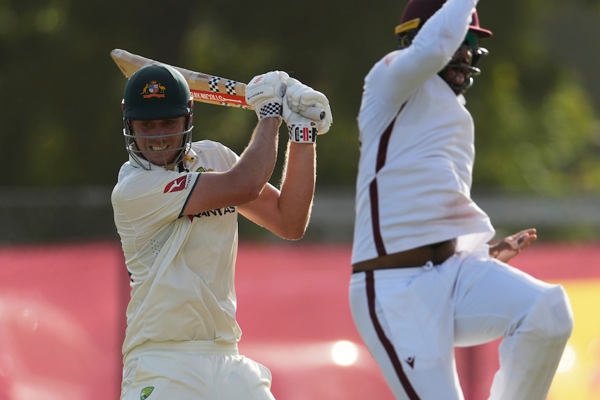 Australia batter Cameron Green plays a cut shot as a West Indies fielder jumps out of the way.
