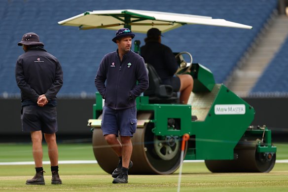 MCG curator Matt Page looks on during an Australia nets session on December 24.