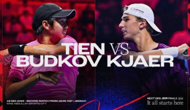 Learner Tien faces Nicolai Budkov Kjaer in the final round-robin match of the 2025 Next Gen ATP Finals.