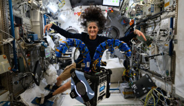 NASA astronaut and Expedition 72 Commander Suni Williams onboard space station with the Astrobee robotic free-flyer in the Kibo laboratory module.
