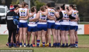 Pictured: Players from the Kyneton Women's Football Club. The team has involved the AFL Integrity Unit over what it says is a 'harmful and offensive' statement from the president of a local Aussie Rules league