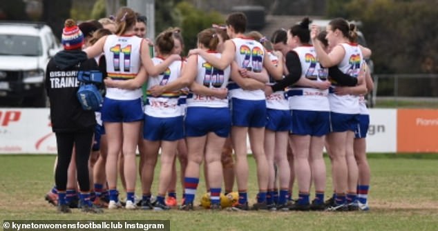 Pictured: Players from the Kyneton Women's Football Club. The team has involved the AFL Integrity Unit over what it says is a 'harmful and offensive' statement from the president of a local Aussie Rules league