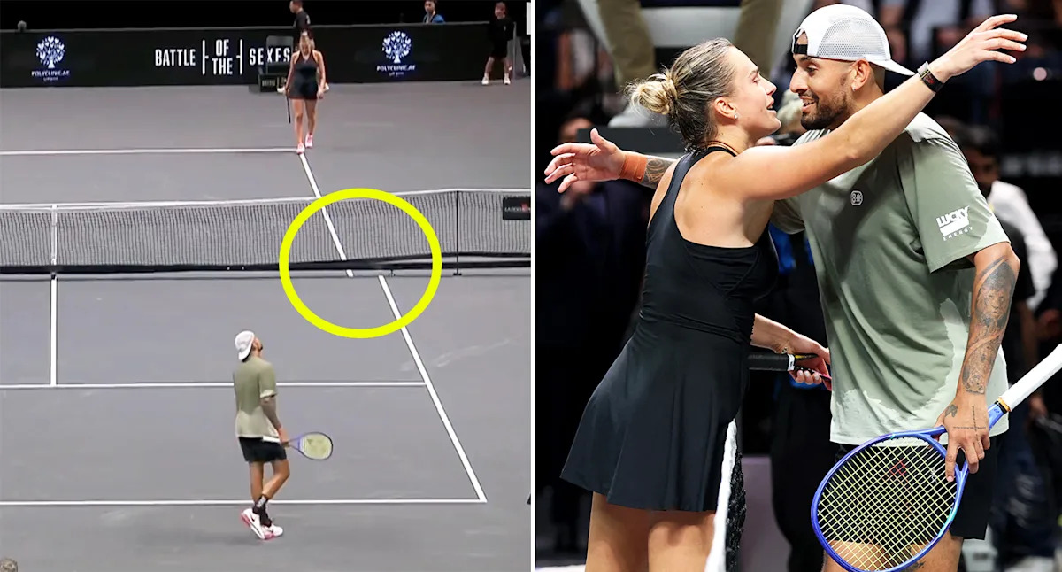 Tennis news: Strange detail on court as Nick Kyrgios beats Aryna Sabalenka in 'Battle of the Sexes'