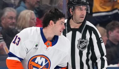 Islanders' Mathew Barzal two-hand chops Blue Jackets' Marchment