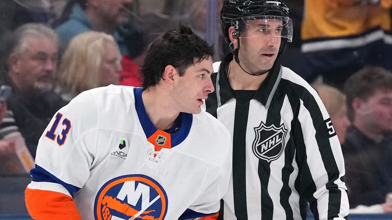 Islanders' Mathew Barzal two-hand chops Blue Jackets' Marchment