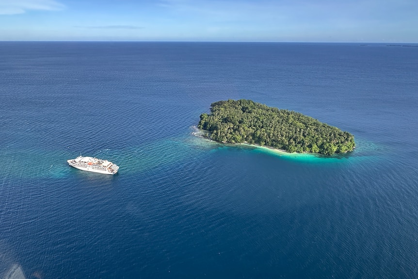 An aerial view of a white cruise ship stranded on a patch of reef surrounded by deeper water near a small island.