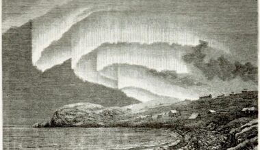 An etching showing a small village on the coast with the northern lights above, titled "Northern Lights in Bossekop on 21 January 1839"