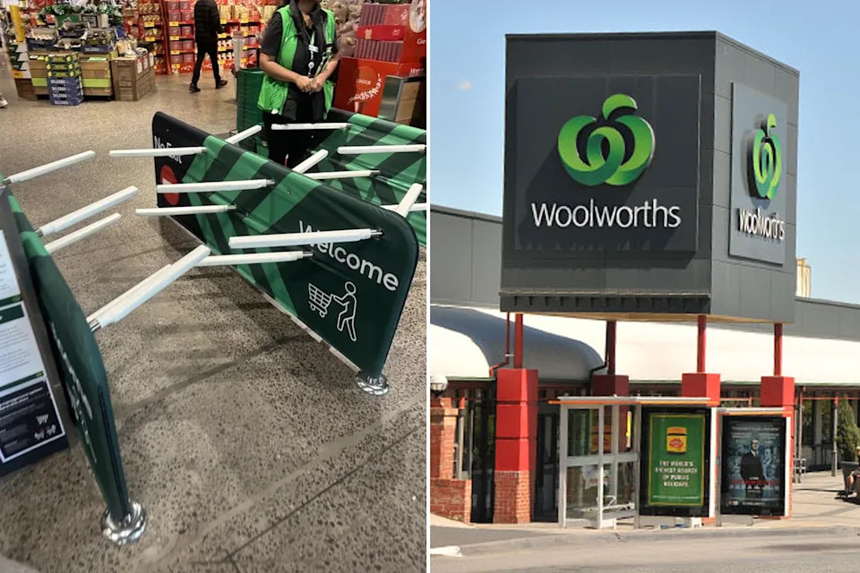 Left: Anti-theft push-style gates at Woolworths in Camberwell. Right: The exterior of the shopping centre.
