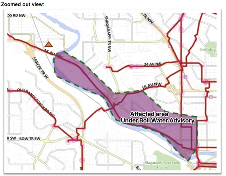 A map showing a section of northwest Calgary under a boil water advisory 