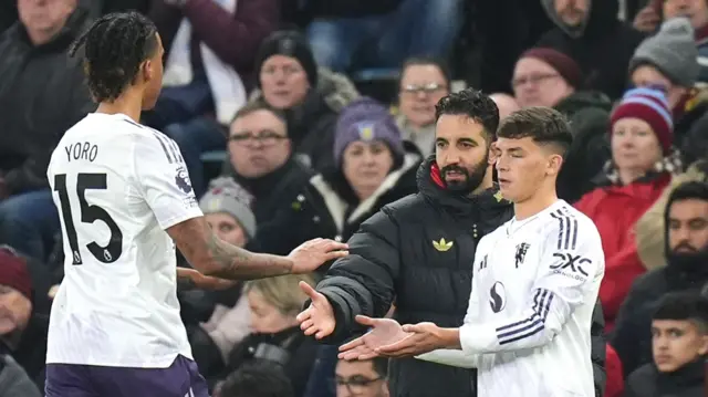 Manchester United's Shea Lacey is substituted on for team-mate Leny Yoro during a Premier League game at Villa Park