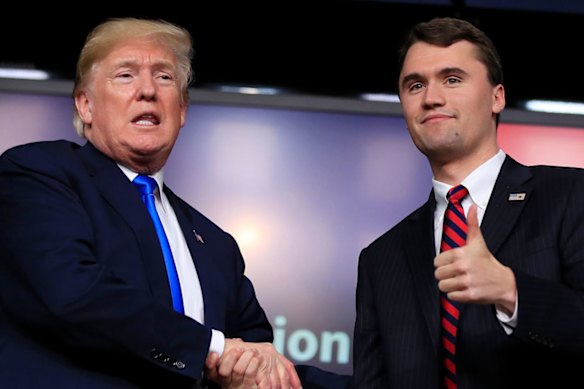 US President Donald Trump and Charlie Kirk in 2018.