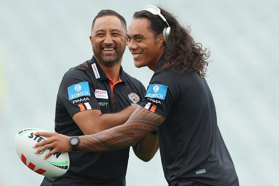 Seen here, Wests Tigers coach Benji Marshall and Jarome Luai.
