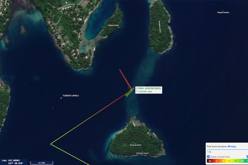 satellite map of a stranded ship between two small islands and the coast line of Papua New Guinea near Dregerhafen.