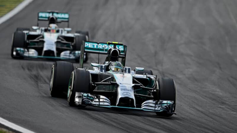 Nico Rosberg leads Lewis Hamilton (both Mercedes) during the 2014 Brazilian Grand Prix