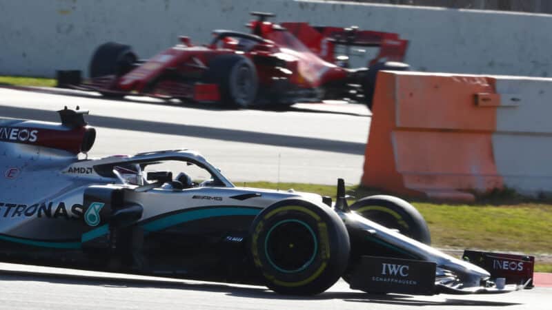 Lewis Hamilton (Mercedes) in front of Charles Leclerc (Ferrari) during pre-season testing at the Circuit de Barcelona-Catalunya in February 2020