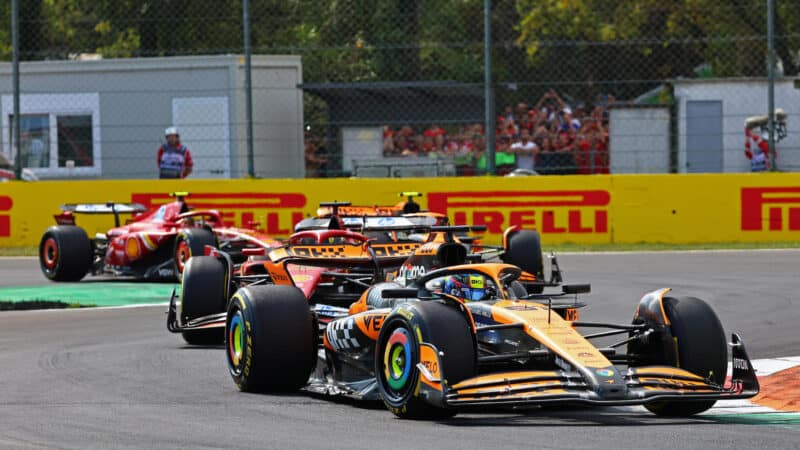 Oscar Piastri (McLaren-Mercedes) leads Charles Leclerc (Ferrari), Lando Norris (McLaren-Mercedes) and Carlos Sainz Jr (Ferrari) in the 2024 Italian Grand Prix