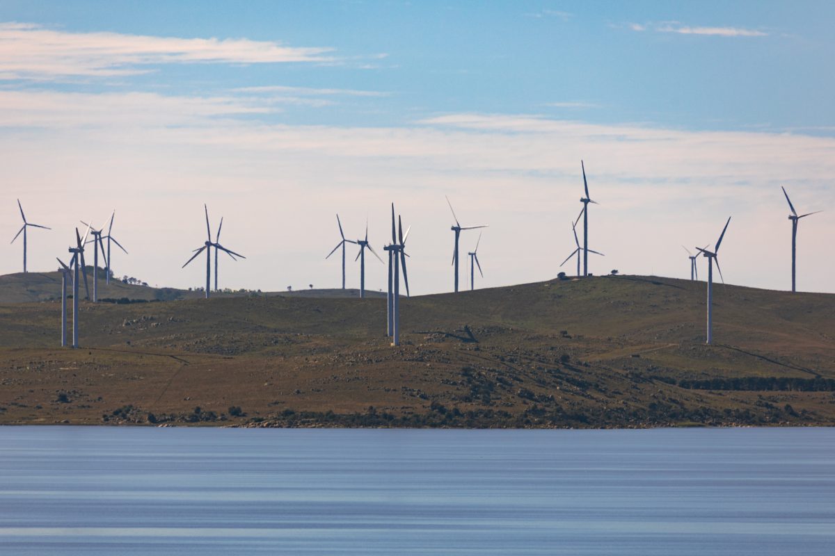 Wind turbines by a lake
