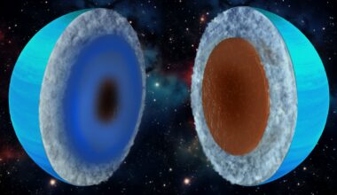 Uranus could be an ice giant (left) or a rock giant (right), depending on the model assumptions, researchers say. Credit: Keck Institute for Space Studies/Chuck Carter