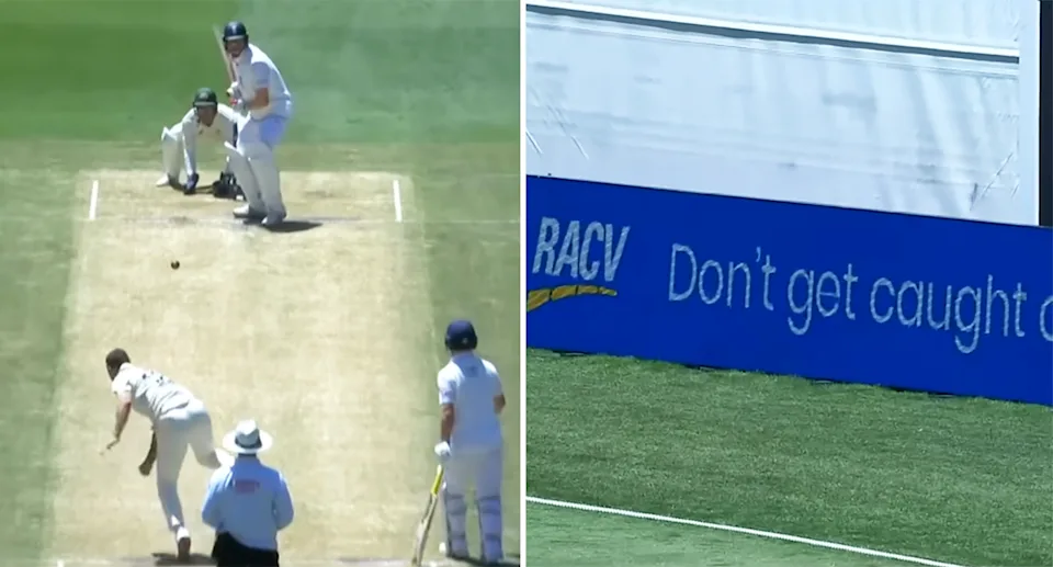 A straight six from Zak Crawley, pictured here sending the ball into the LED boards on the full.