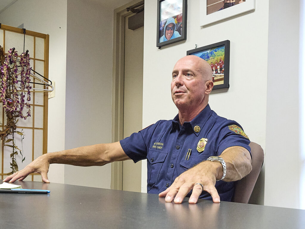 Kauai Fire Chief interviewed by Thomas Heaton at the Kauai County offices following the wildfire of July 15th 2024. The fire was contained fairly quickly by using both private and county resources working together to stop a similar outcome to those on Maui county in August 2023. Photographed July 16th, 2024 (David Croxford/Civil Beat/2024)