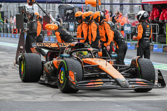 Oscar Piastri making a pit stop at the 2025 Australian Grand Prix.