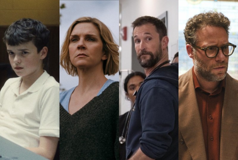 A collage featuring four characters from a dramatic series: a young boy with a serious expression, a woman with a determined look, a man in casual attire with a beard, and another man in glasses with a contemplative expression. The image captures themes of tension and emotional depth in storytelling.