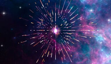 A bright ball of light shoots red and purple and white sparks in front of a galaxy background with stars, purple, and blue colors on it
