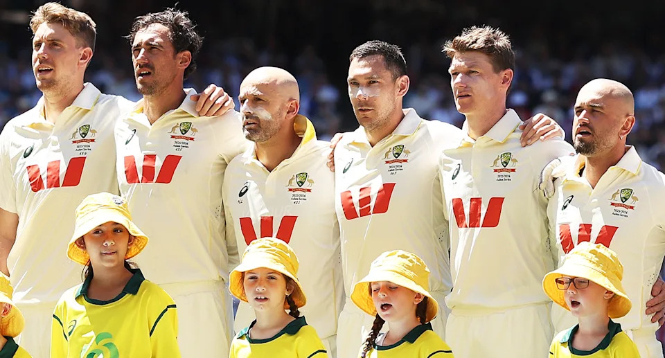 Nathan Lyon, pictured here with teammates before the first Ashes Test.