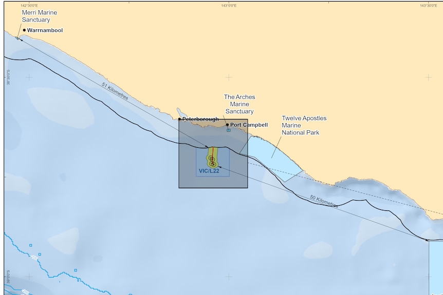 A map of the Victorian coast showing location of the Minerva wells in the ocean off the coast of Port Campbell.
