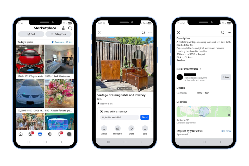 A composite of phone screenshots showing Facebook Marketplace. 